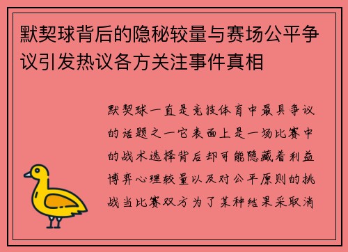 默契球背后的隐秘较量与赛场公平争议引发热议各方关注事件真相